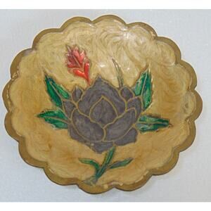 Brass Enamel Trinket Dish Ring Vintage Flower Floral Tray Bowl India Jewelry